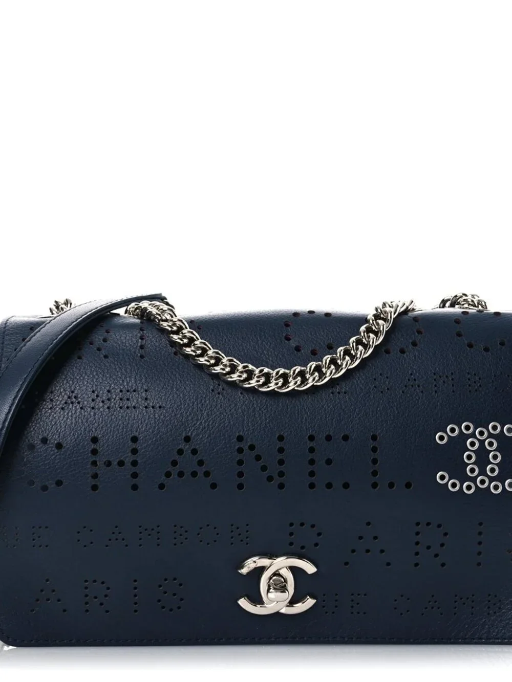 Chanel Calfskin Tweed Zip Top Pouch 2 Piece Eyelet CC Flap Bag Navy Shoulder Bag